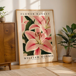 Elegant living room with vintage lily flower painting art poster