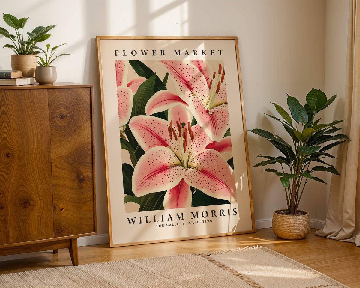 Elegant living room with vintage lily flower painting art poster