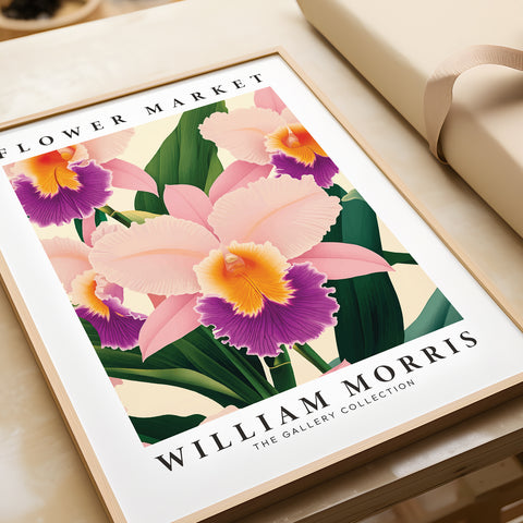 Vintage floral decor poster featuring orchids by William Morris
