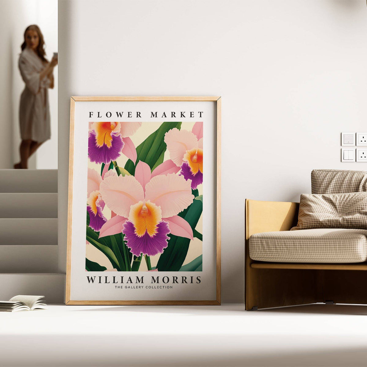 Romantic floral decor with pink and yellow wall art orchids