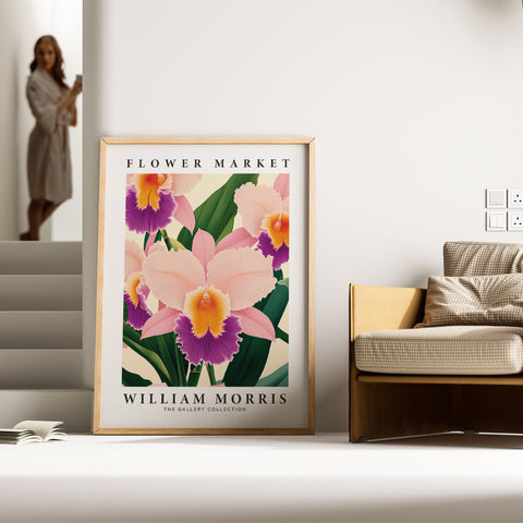 William Morris Orchid art print with purple and pink blooms
