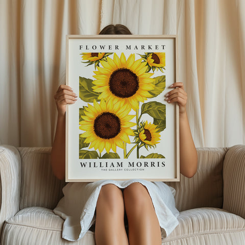 Sunflower poster with William Morris-inspired floral design
