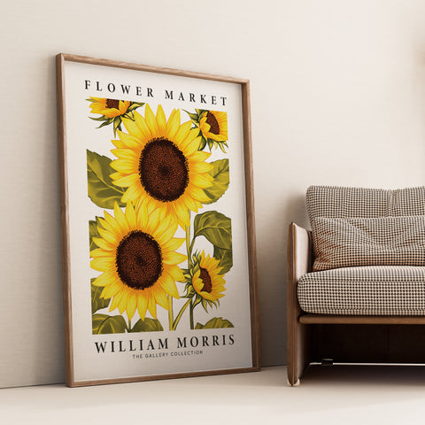 William Morris-style sunflower artwork with green foliage
