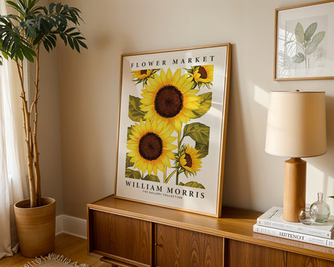 Vintage-inspired sunflower wall art print in William Morris style
