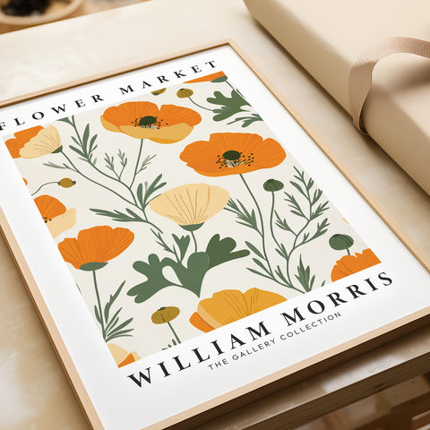 Botanical poster featuring orange poppies on premium matte paper
