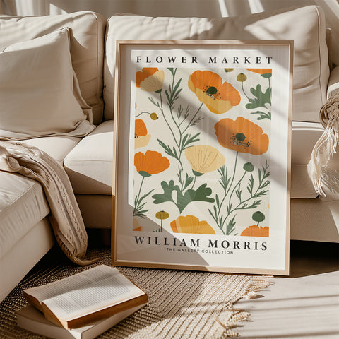 Poppy Flower Market print with bright orange hues
