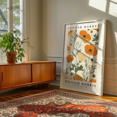 Classic wall art with orange poppies and greenery
