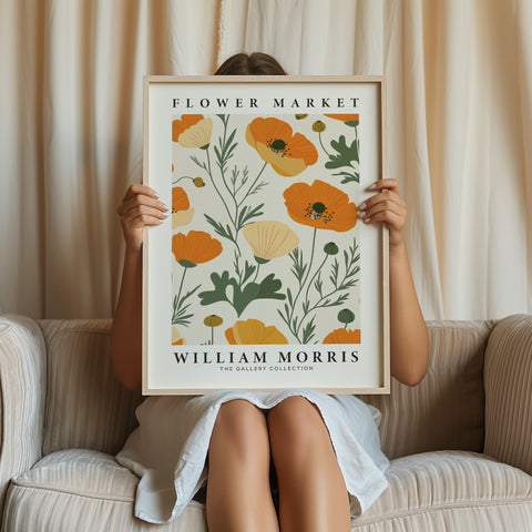 Botanical art print with orange poppies for vintage decor
