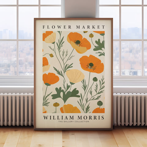 Vintage floral wall art featuring orange poppies and green leaves
