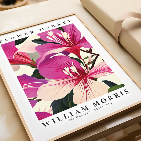 Botanical print with rich pink hues, inspired by William Morris
