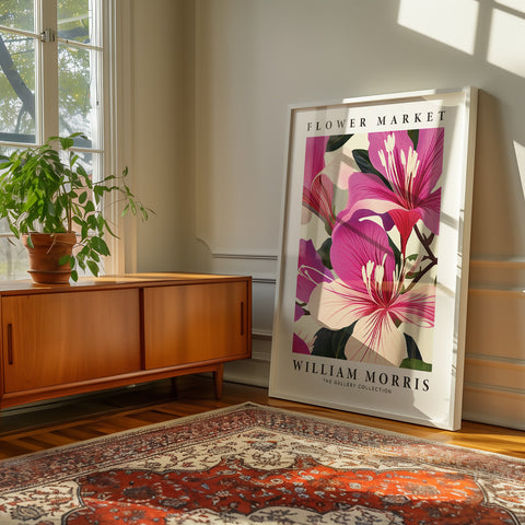 William Morris-inspired pink floral print for living room decor
