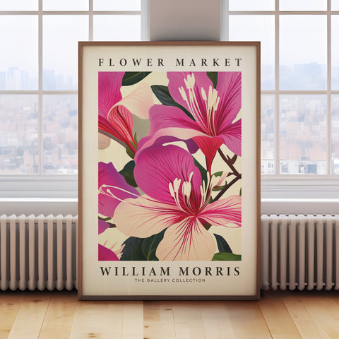 Botanical wall art featuring pink floral patterns by William Morris
