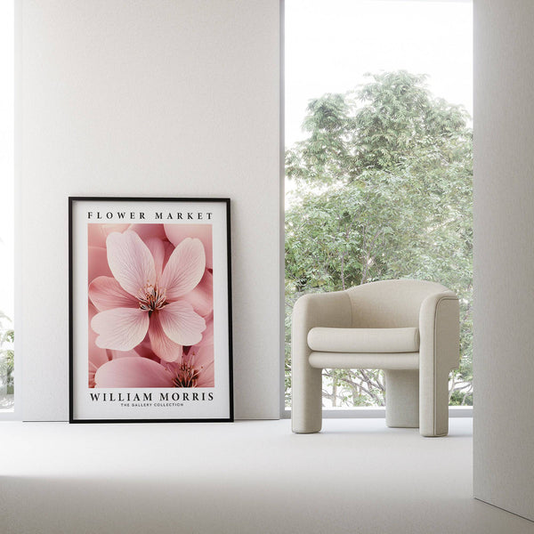 Living room styled with soft pink cherry blossom wall art