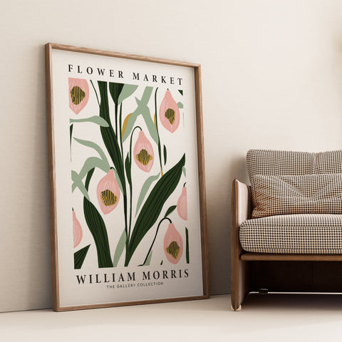 William Morris botanical art print with delicate pink orchids
