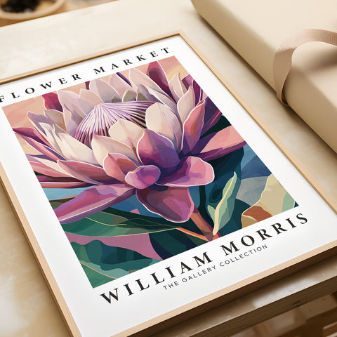 William Morris Protea art print with purple and pink hues
