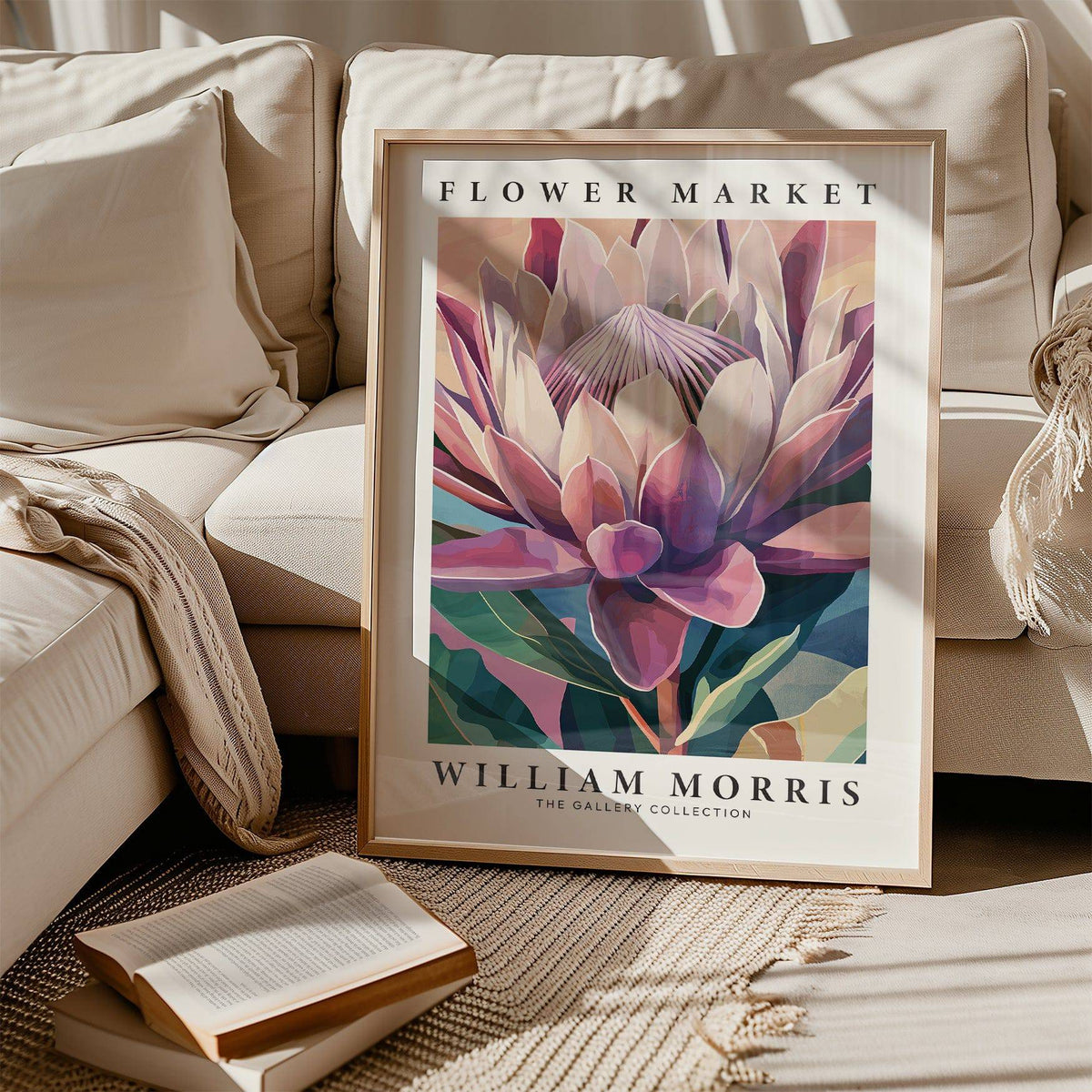 Living room styled with floral protea flower wall art poster