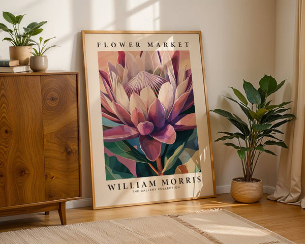 Soft purple protea flower wall art in ornate botanical style