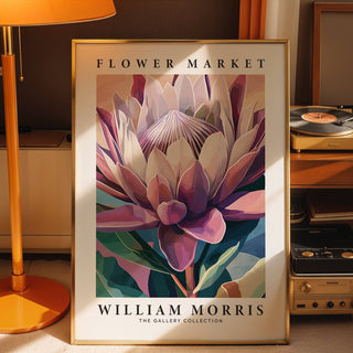 Floral bedroom decor using vintage protea flower wall art