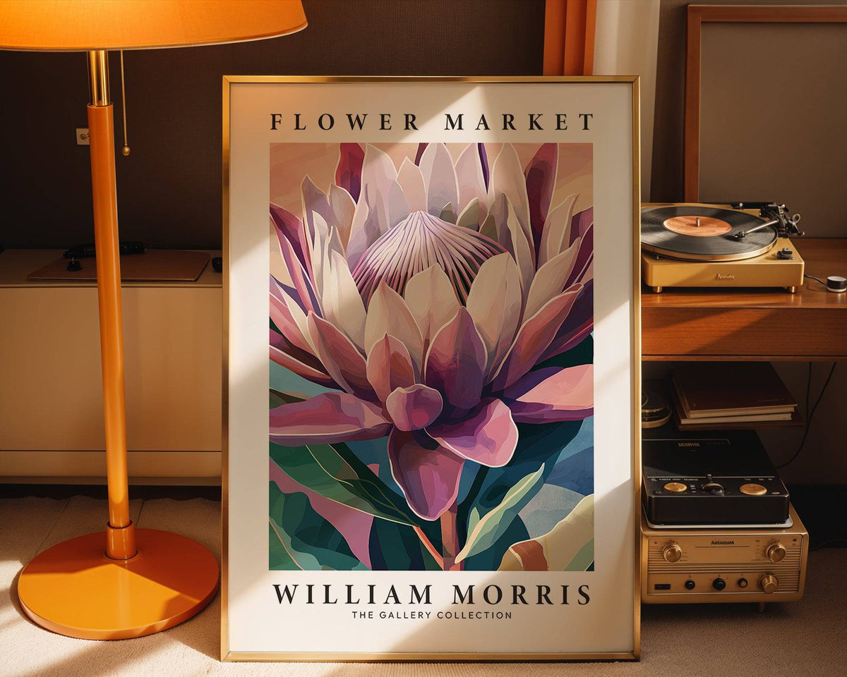 Floral bedroom decor using vintage protea flower wall art