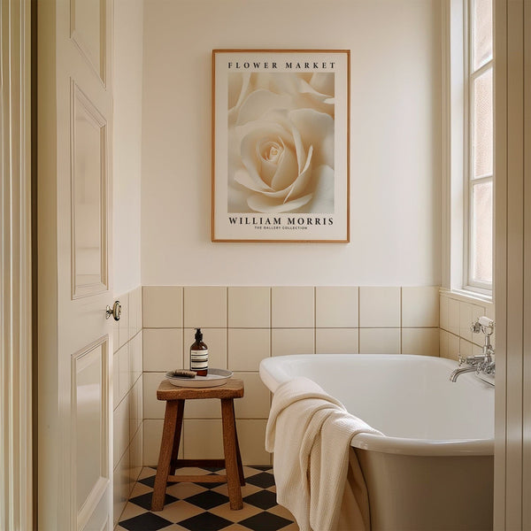 Vintage-style white rose artwork as floral wall art for living room