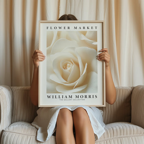 William Morris-style white rose poster for calm interiors
