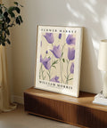 William Morris-style purple tulip poster for sophisticated settings
