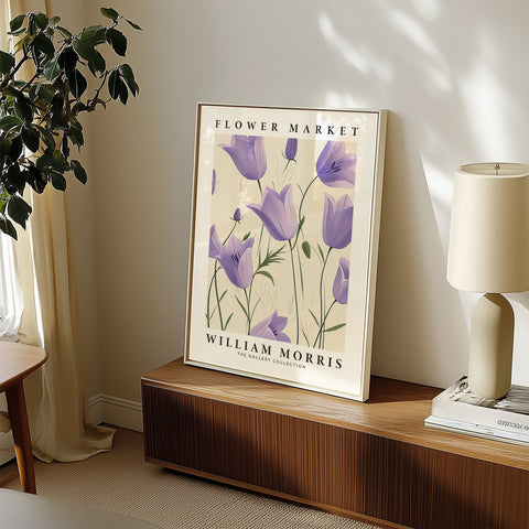 William Morris-style purple tulip poster for sophisticated settings
