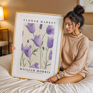 William Morris wall art tulips in lavender tones for bedroom