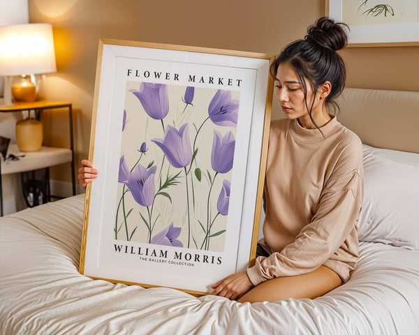 William Morris wall art tulips in lavender tones for bedroom