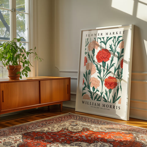 Classic wall art with red and peach carnations and green foliage
