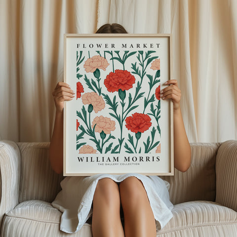 William Morris carnation artwork with red flowers
