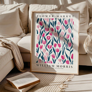 Botanical tulip decor with pink tulips and dark green foliage for bedrooms