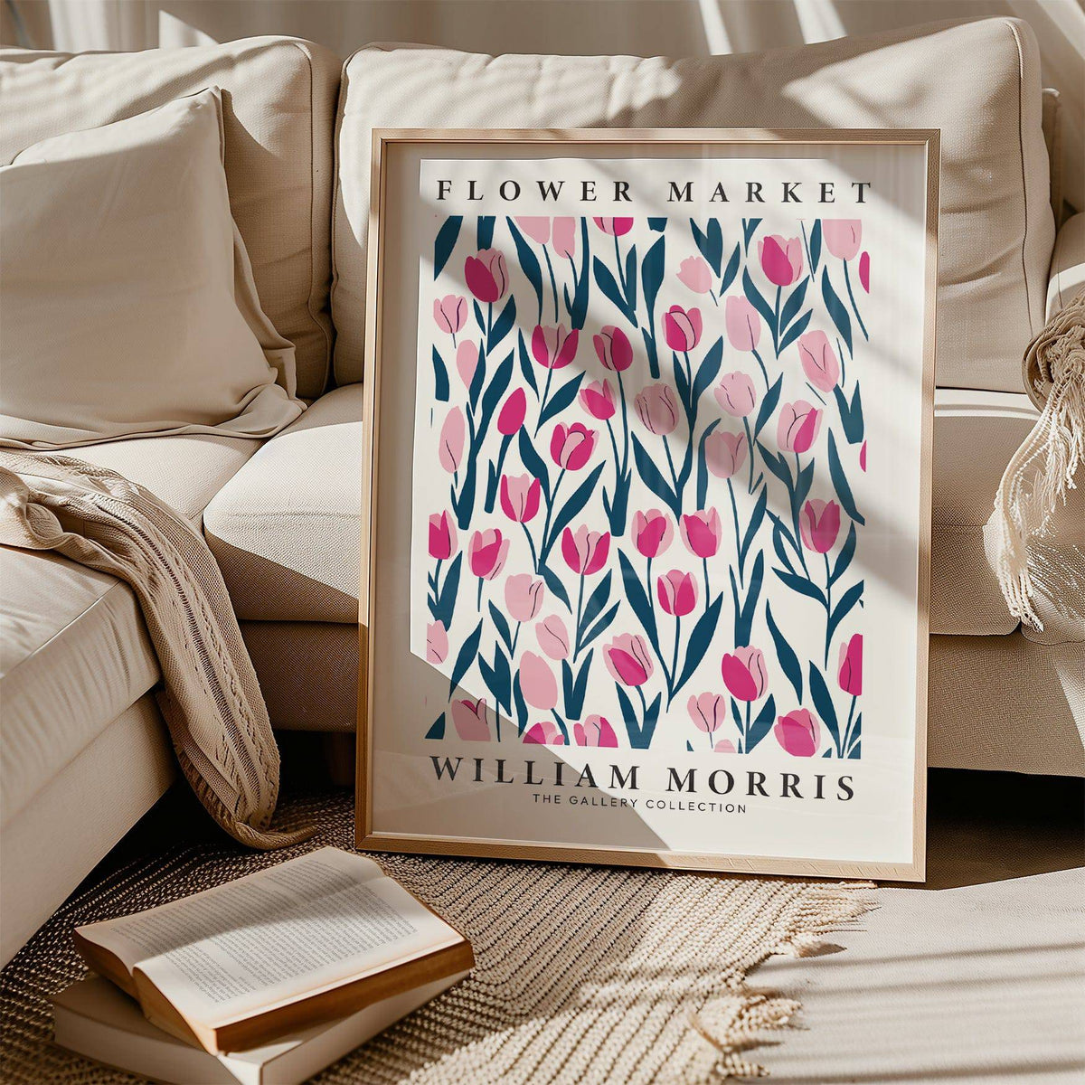 Botanical tulip decor with pink tulips and dark green foliage for bedrooms