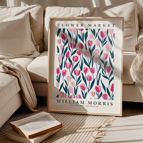 Botanical tulip decor with pink tulips and dark green foliage for bedrooms