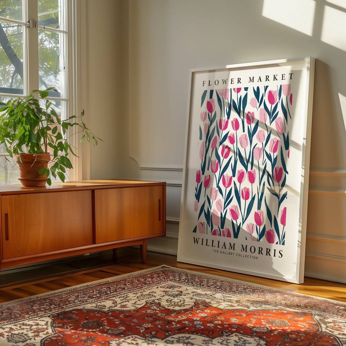 Soft pink tulip decor artwork with intricate botanical design
