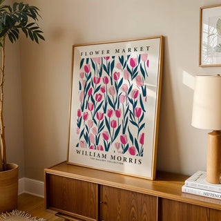 Sophisticated tulip decor featuring William Morris pink tulip illustration
