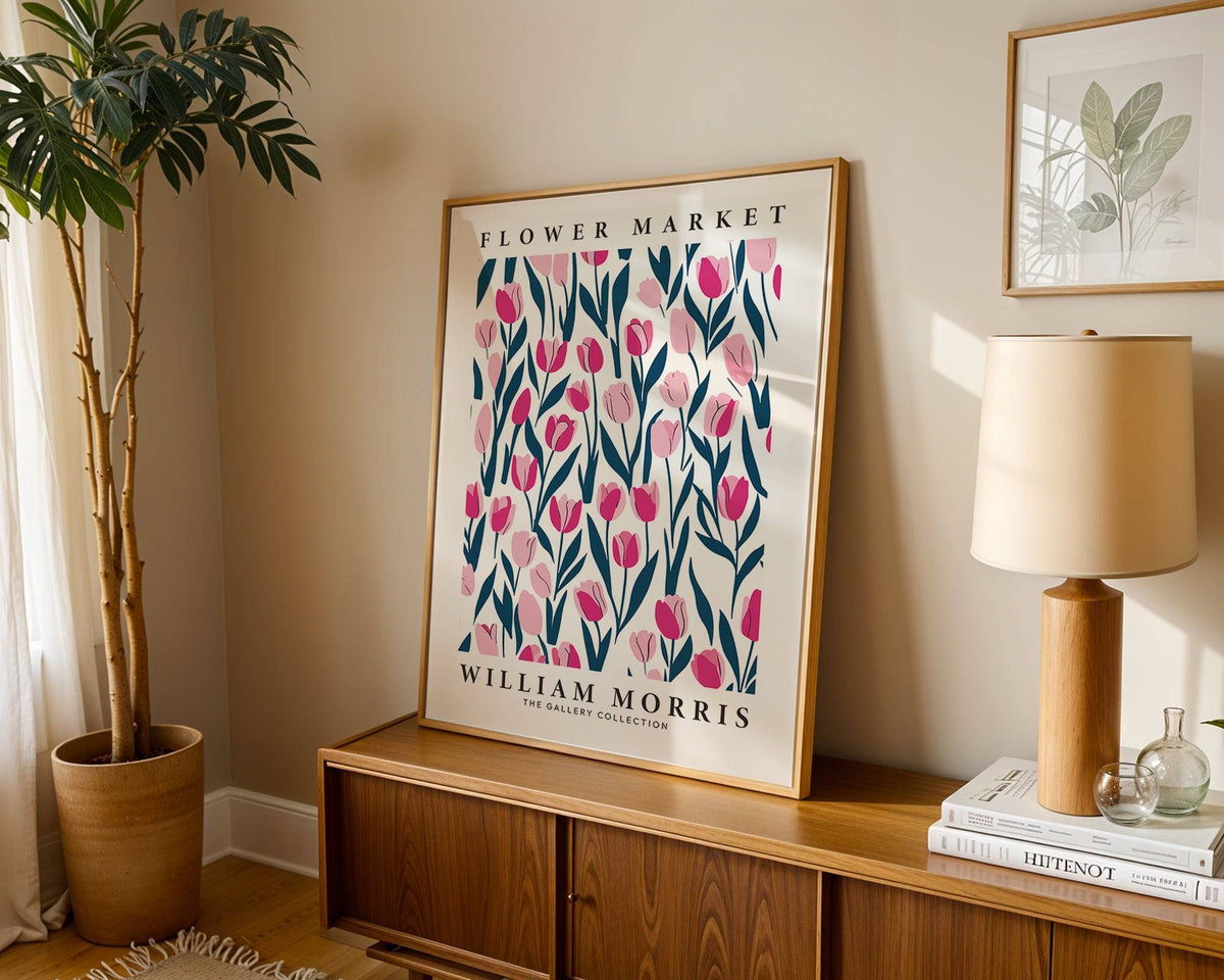 Sophisticated tulip decor featuring William Morris pink tulip illustration