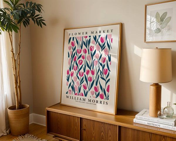 Sophisticated tulip decor featuring William Morris pink tulip illustration