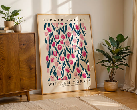 Pink and green tulip poster inspired by William Morris
