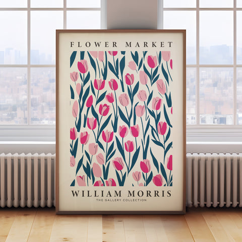 Vintage-inspired William Morris poster featuring pink tulips
