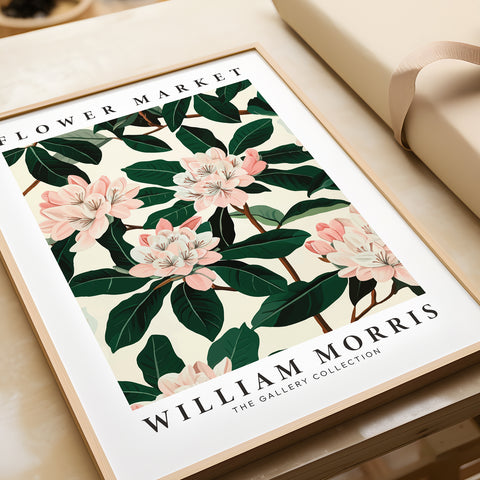 Elegant floral poster with pink magnolias, William Morris style
