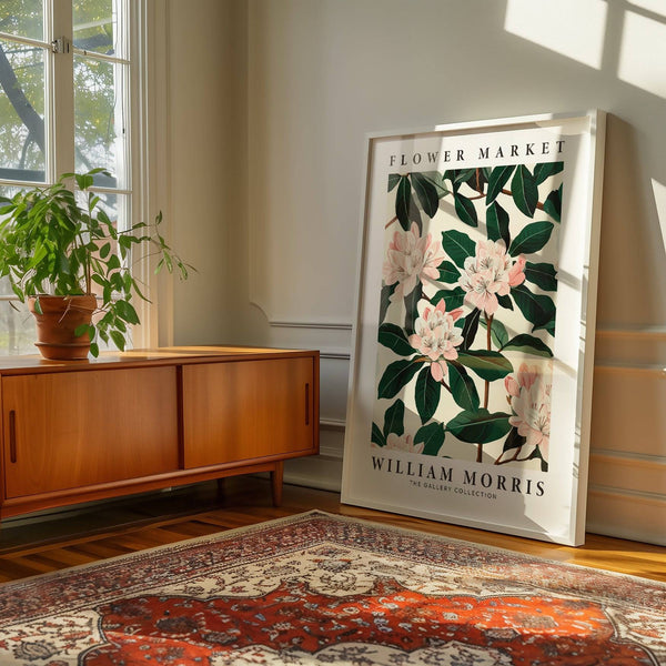 Hallway styled with floral William Morris magnolia wall art