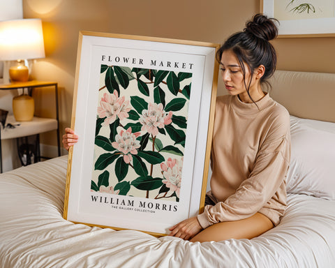 Floral poster with magnolia blooms and lush leaves
