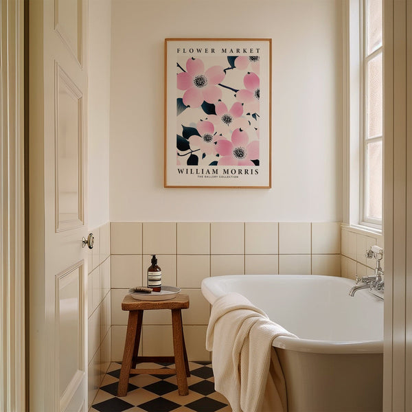 William Morris-style prints for bathroom in soft pink and dark blue accents