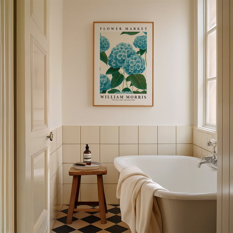 William Morris-inspired blue hydrangea print for serene interiors
