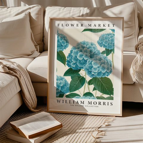 William Morris-style blue hydrangea poster for sophisticated settings
