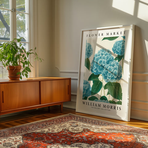 Serene blue hydrangea flower poster for tranquil spaces
