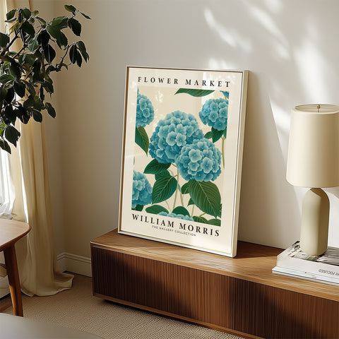 Floral wall art with blue hydrangea motif for stylish decor
