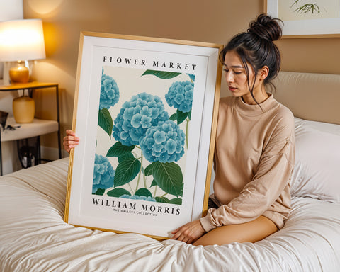 Botanical blue hydrangea print for William Morris collection
