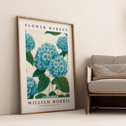 Classic blue hydrangea art print for elegant living room decor
